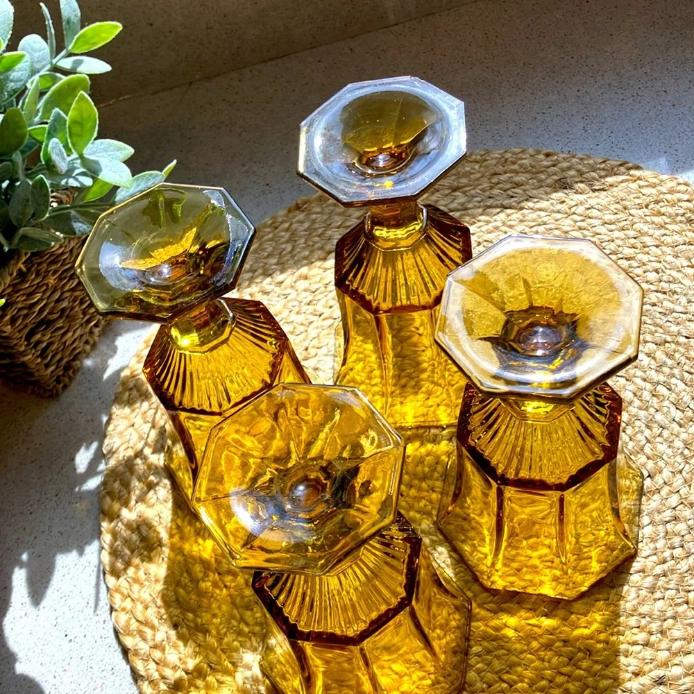 (4) Vintage Amber Octagonal Glasses by Independence